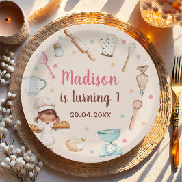 Meisjes bakken eerste verjaardag papieren bordje
