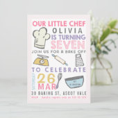 Meisjes bakken koken 7e verjaardag uitnodiging (Staand voorkant)