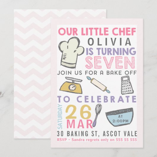 Meisjes bakken koken 7e verjaardag uitnodiging (Voorkant / Achterkant)