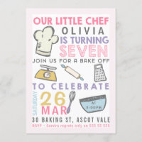 Meisjes bakken koken 7e verjaardag uitnodiging