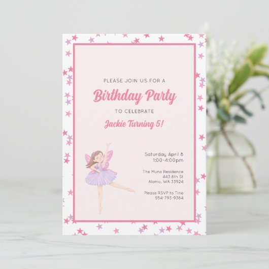 Meisjes Ballerina Ster Verjaardagsfeestuitnodiging Kaart (Staand voorkant)