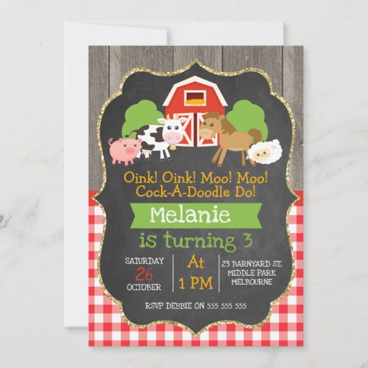 Meisjes Barnyard schoolbord verjaardag uitnodiging (Voorkant)