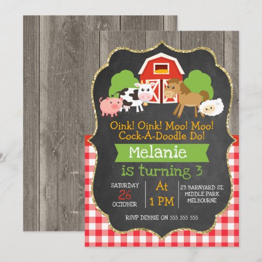 Meisjes Barnyard schoolbord verjaardag uitnodiging (Voorkant / Achterkant)