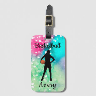 Meisjes Basketbal Aquarel met Zwevende Harten  Bagagelabel