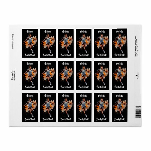 Meisjes Basketbal Waterverf gepersonaliseerd Etiket (Full Sheet)