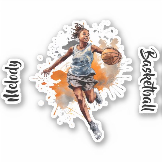 Meisjes Basketbal Waterverf gepersonaliseerd Sticker (Voorkant)