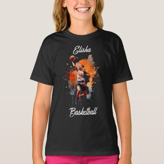 Meisjes Basketbal Waterverf gepersonaliseerd T-shirt (Voorkant)