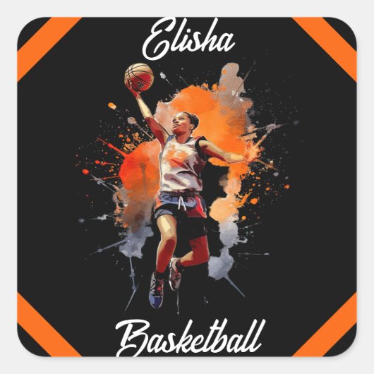 Meisjes Basketbal Waterverf gepersonaliseerd Vierkante Sticker (Voorkant)
