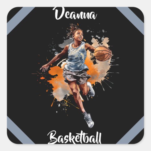 Meisjes Basketbal Waterverf gepersonaliseerd Vierkante Sticker (Voorkant)