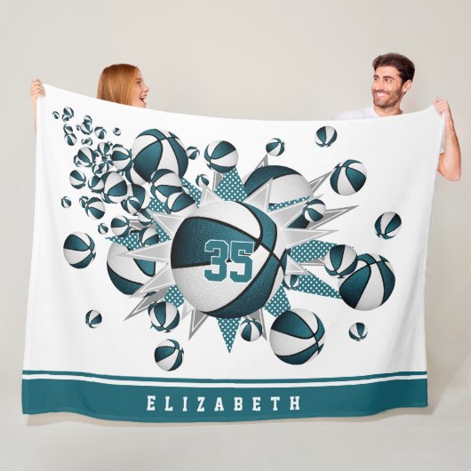 meisjes basketballen sterren blauwgroen wit gepers fleece deken (In situ)