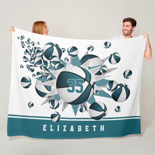 meisjes basketballen sterren blauwgroen wit gepers fleece deken (In situ)