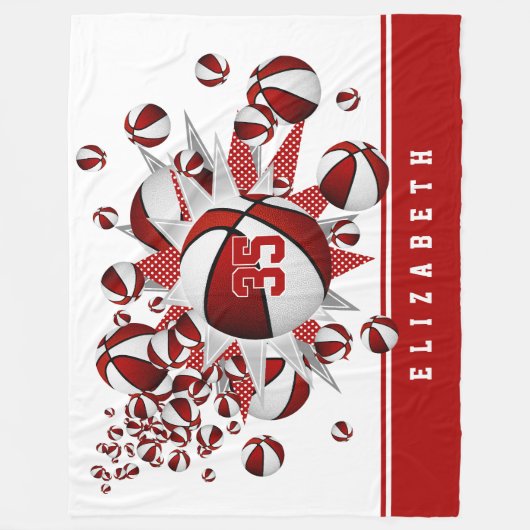 Meisjes basketballen sterren rood wit gepersonalis fleece deken (Voorkant)