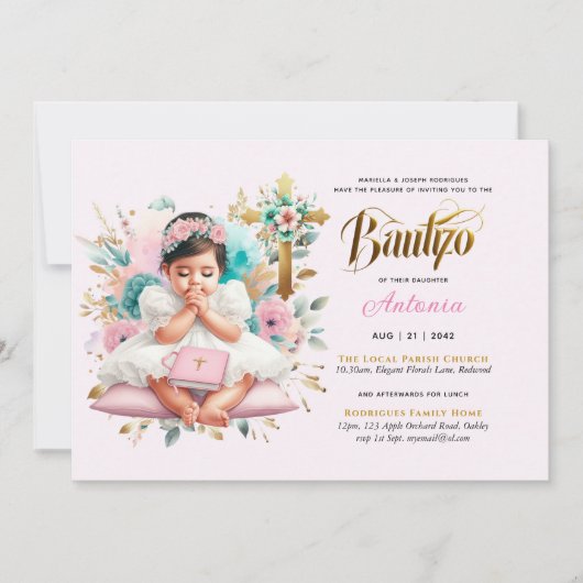 Meisjes BAUTIZO Roze Gouden Bloemenkruis Kaart (Voorkant)