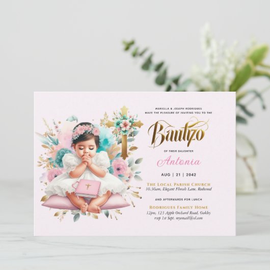 Meisjes BAUTIZO Roze Gouden Bloemenkruis Kaart (Staand voorkant)