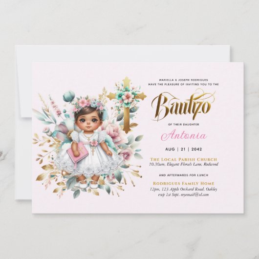 Meisjes BAUTIZO Roze Gouden Bloemenkruis Kaart (Voorkant)