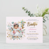 Meisjes BAUTIZO Roze Gouden Bloemenkruis Kaart (Staand voorkant)