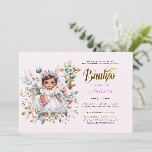 Meisjes BAUTIZO Roze Gouden Bloemenkruis Kaart (Staand voorkant)