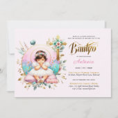 Meisjes BAUTIZO Roze Gouden Bloemenkruis Kaart (Voorkant)