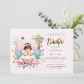 Meisjes BAUTIZO Roze Gouden Bloemenkruis Kaart (Staand voorkant)