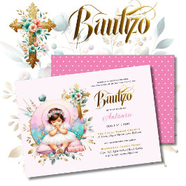 Meisjes BAUTIZO Roze Gouden Bloemenkruis Kaart