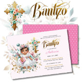 Meisjes BAUTIZO Roze Gouden Bloemenkruis Kaart