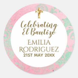 Meisjes Bautizo Roze Mintgroene Damast Gouden Krui Ronde Sticker