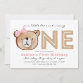 Meisjes Beer Eerste Verjaardagsuitnodiging Kaart (Voorkant)
