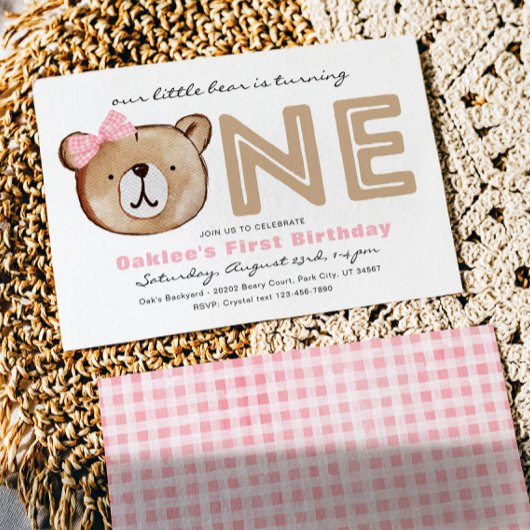 Meisjes Beer Eerste Verjaardagsuitnodiging Kaart