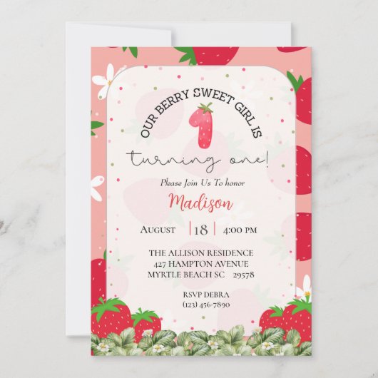 Meisjes Berry 1e verjaardag Aardbeienfeest Kaart (Voorkant)