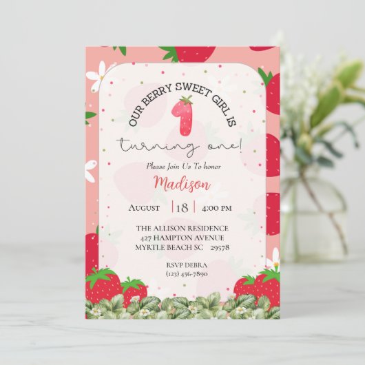 Meisjes Berry 1e verjaardag Aardbeienfeest Kaart (Staand voorkant)