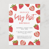 Meisjes Berry Eerste aardbei verjaardagsfeestje Uitnodiging Briefkaart (Voorkant)