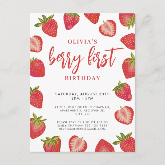 Meisjes Berry Eerste aardbei verjaardagsfeestje Uitnodiging Briefkaart (Voorkant)