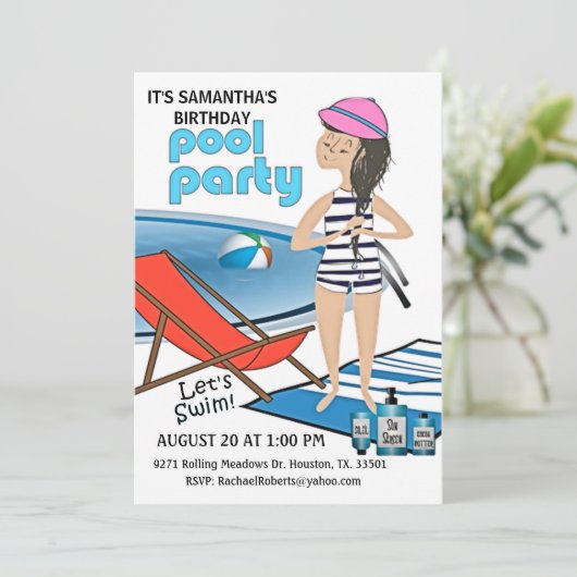 Meisjes Birthday Pool Party Let's Swim Invitation Kaart (Staand voorkant)