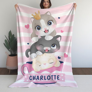 Meisjes Blanket met Cute Cartoon Cats Pink Stripes Fleece Deken