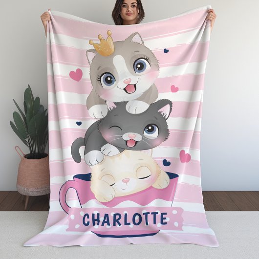 Meisjes Blanket met Cute Cartoon Cats Pink Stripes Fleece Deken