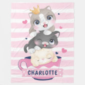Meisjes Blanket met Cute Cartoon Cats Pink Stripes Fleece Deken (Voorkant)