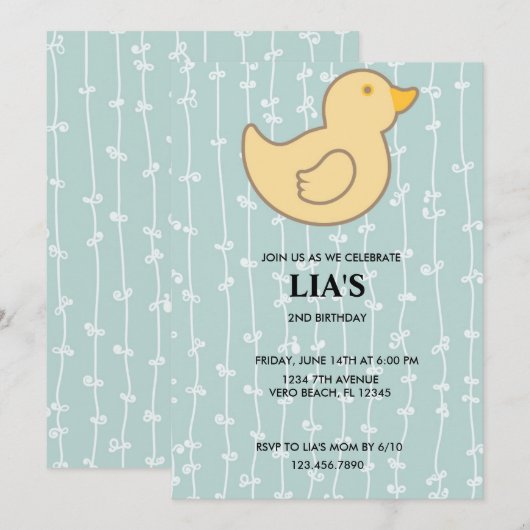 Meisjes Blauwe Gestreepte Eend Verjaardag Uitnodig Kaart (Voorkant / Achterkant)