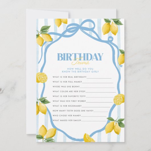 Meisjes Blauwe Lemon Amalfi 1e Verjaardag Trivia G Notitiekaartje (Voorkant)