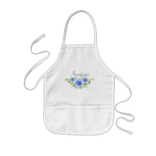 Meisjes blauwe Waterverf bloemen met naam Kinder Schort