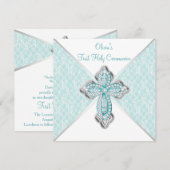 Meisjes Blauwgroen Blauw Eerste Heilige Communie Kaart (Voorkant / Achterkant)
