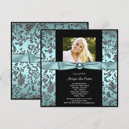 Meisjes Blauwgroen Blauw Foto Afstuderen Kaart (Voorkant / Achterkant)