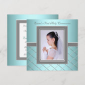 Meisjes Blauwgroen Blauw Foto Eerste Communie Kaart (Voorkant / Achterkant)