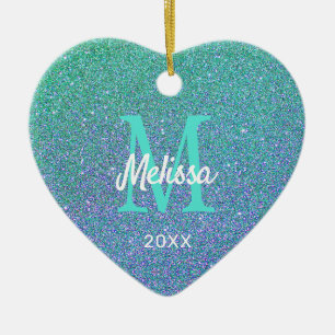 Meisjes Blauwgroen blauw glitter Sparkle Monogram Keramisch Ornament