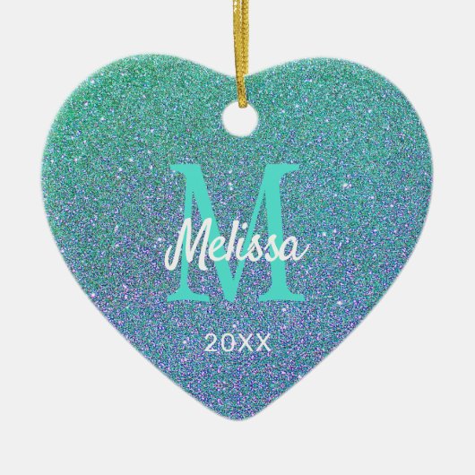 Meisjes Blauwgroen blauw glitter Sparkle Monogram Keramisch Ornament (Voorkant)
