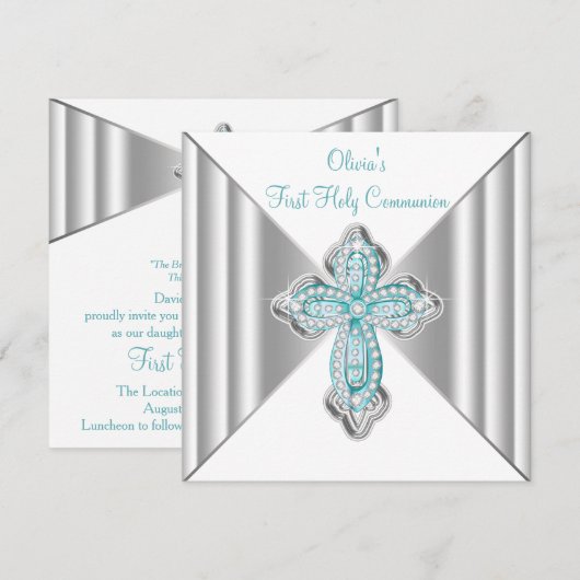 Meisjes Blauwgroen Blauwe Eerste Communie Kaart (Voorkant / Achterkant)