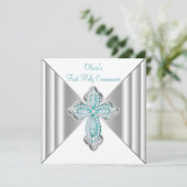 Meisjes Blauwgroen Blauwe Eerste Communie Kaart (Staand voorkant)