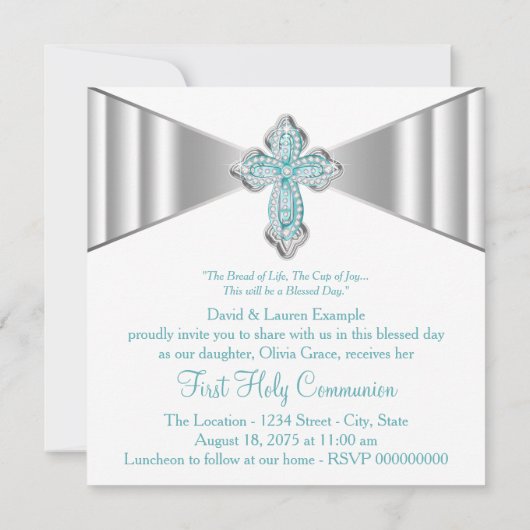 Meisjes Blauwgroen Blauwe Eerste Communie Kaart (Achterkant)