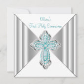 Meisjes Blauwgroen Blauwe Eerste Communie Kaart (Voorkant)