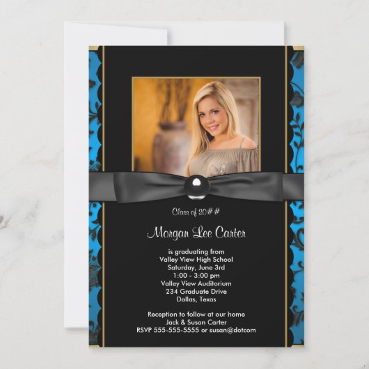 Meisjes Blauwgroen Blauwe Foto Afstuderen Aankondi Kaart (Voorkant)