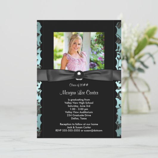 Meisjes Blauwgroen Blauwe Foto Afstuderen Aankondi Kaart (Staand voorkant)